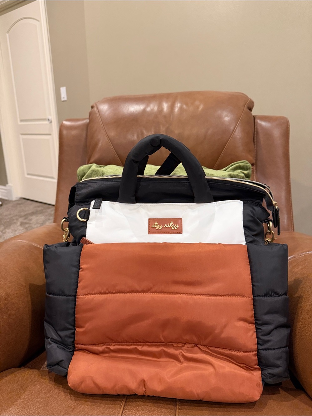 Itzy Ritzy Colorblock Backpack/Messenger Bag/Tote in Rust, Black & White